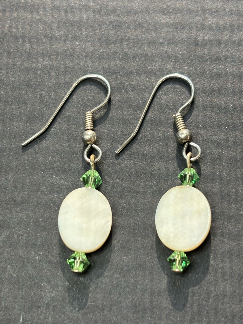 Green Crystal and White Shell Drop Earrings - Unbranded